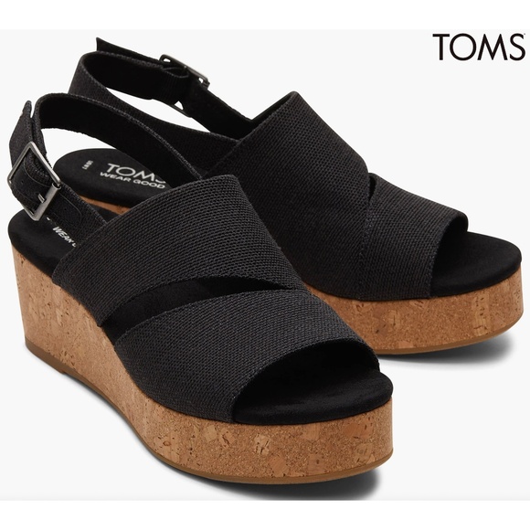 TOMS NIB CLAUDINE BLACK PLATFORM WEDGE SANDAL. SIZE 8M - Picture 1 of 15